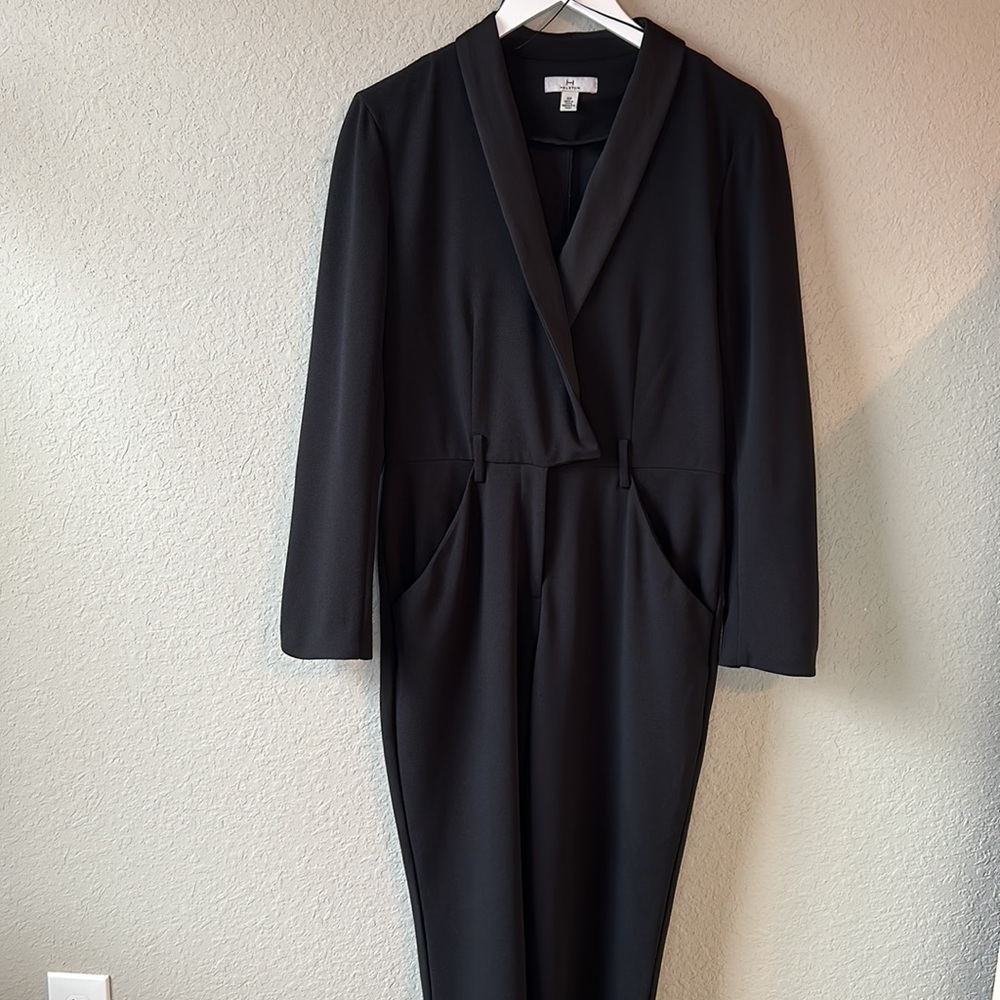 H by‎ Halston Black Tuxedo Style Long Sleeve Jumpsuit Size Small